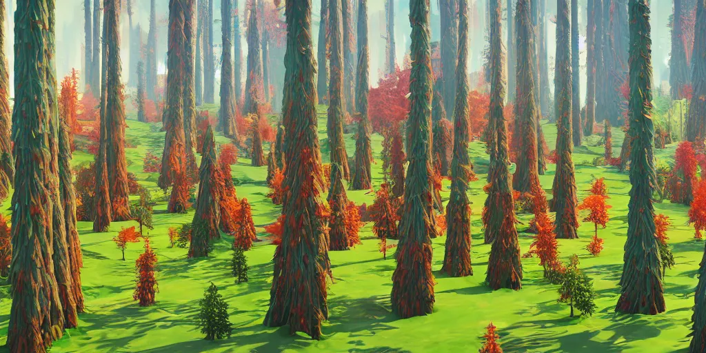 Image similar to abstract 3d landscape forest painting by james jean and David Schnell with 1 year old trees painted in no mans sky style, redshift, octane