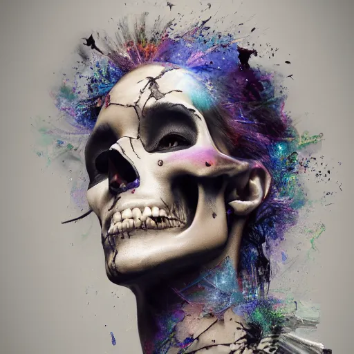 Image similar to full body pose, hyperrealistic mixed media painting of beautiful skull woman, dim volumetric lighting, 8 k, octane beautifully detailed render, extremely hyper detailed, intricate, epic composition, cinematic lighting, masterpiece, trending on artstation, very very detailed, masterpiece, stunning, hdr, smooth, sharp focus, high resolution, award, winning photo, dslr, 5 0 mm