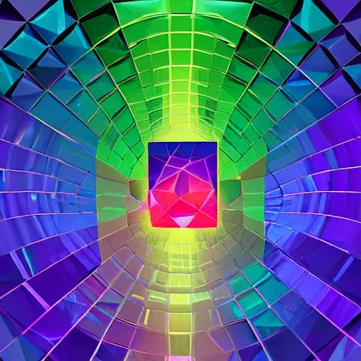 Prompt: a person holding a colorful object in their hand, a hologram!! ( ( ( by jeka kemp ) ) ), polycount, crystal cubism!!!, made of crystals!!!, irridescent, holographic