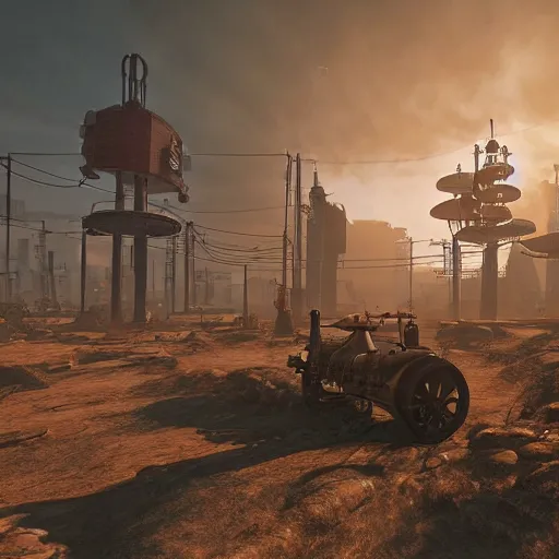 Image similar to Steampunk buildings with the sun shining through the clouds in wasteland by Simon Stålenhag and Grant Wood,In style of Retro Futurism Art.hyper detailed,8K Resolution,unreal engine 5,epic lighting,Ray Tracing,highly realistic