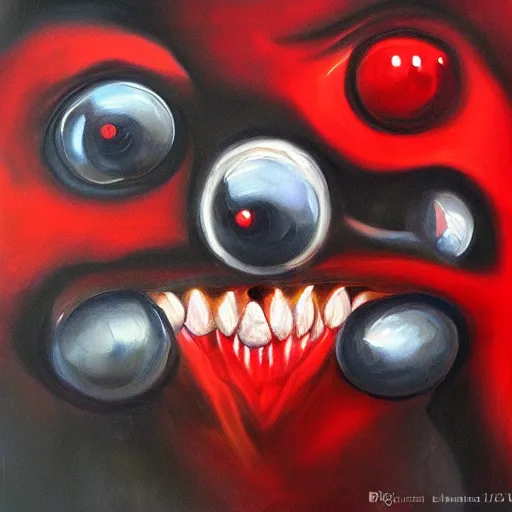 Image similar to abstract oil painting black demon red eyes red mouth, wings,, 8 k, high quality, highly realistic photo realistic