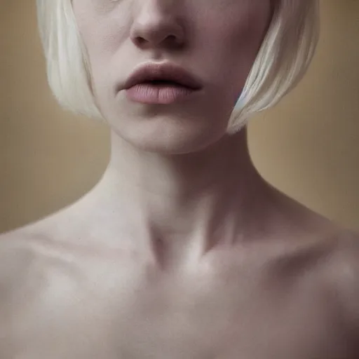 Prompt: portrait photograph of a full platinum blond woman, staring intensely, pale skin, by kyle thompson, realistic, high detail, high quality, trending on pinteresst