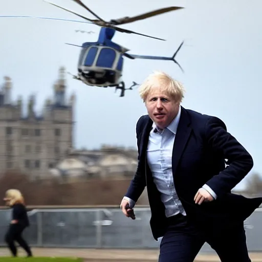 Prompt: helicopters and explosions in the background, police chasing Boris Johnson running from the police