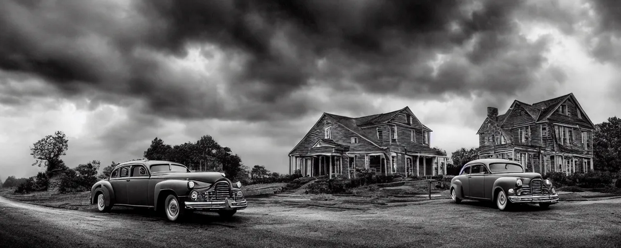 Image similar to Lovecraft Country, ultra detailed haunted house, ultra detailed storm clouds, establishing atmospheric shot, octane renderer, F11 aperture, night, volumetric fog, lighting and thunder, stormy weather, ultra detailed rain drops, reflections, film grain, single ultra detailed grey 1948 Packard Station Sedan parked in the street,