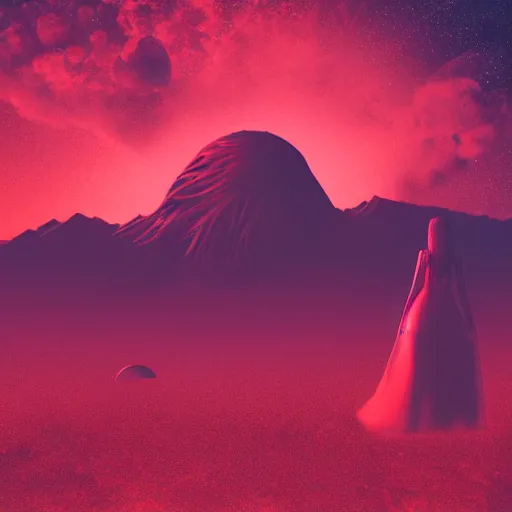 Image similar to A sad spiritual witch standing on mars looking at camera, distant background, red lighting, ominous, moonlight, bokeh, synthwave, psychedelic, glitch, acrylic, flooko, detailed,