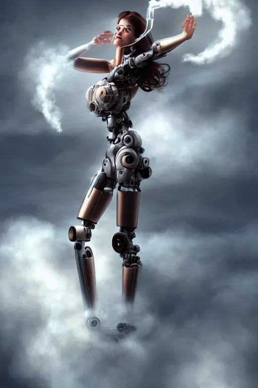 Image similar to a (cyborg) woman floats in the air surrounded by a mechanical hand-shaped cloud of smoke by Artgerm