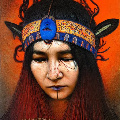 Image similar to A young blindfolded shaman woman with a decorated headband from which blood flows, blue hair and wood on her head. The background is a forest on fire, made by Esao Andrews and Karol Bak and Zdzislaw Beksinski
