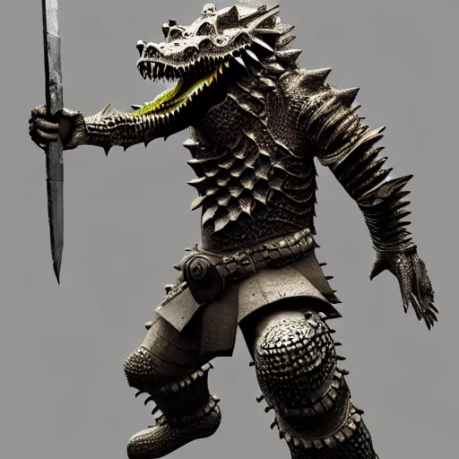 Image similar to warrior with metal crocodile themed armour, highly detailed, 4 k, hdr, award - winning, octane render, artstation