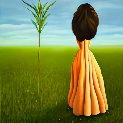 Image similar to huge flower as head, woman standing in a field, surreal, flat light, painting, digital painting, artstation, georgia o'keeffe