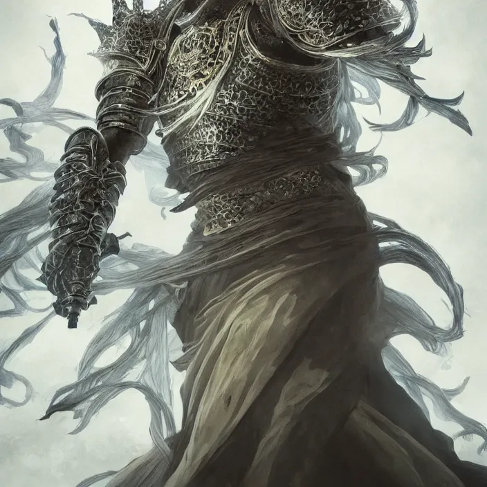 Image similar to beautiful illustrated portrait of the nameless king (from Dark Souls III) the god of storms and warfare wearing heavy iron armor, painted, 4k artwork, trending on artstation, octane render, art by artgerm and greg rutkowski and alphonse mucha and craig mullins and James Jean and Andrei Riabovitchev and Marc Simonetti and peter mohrbacher