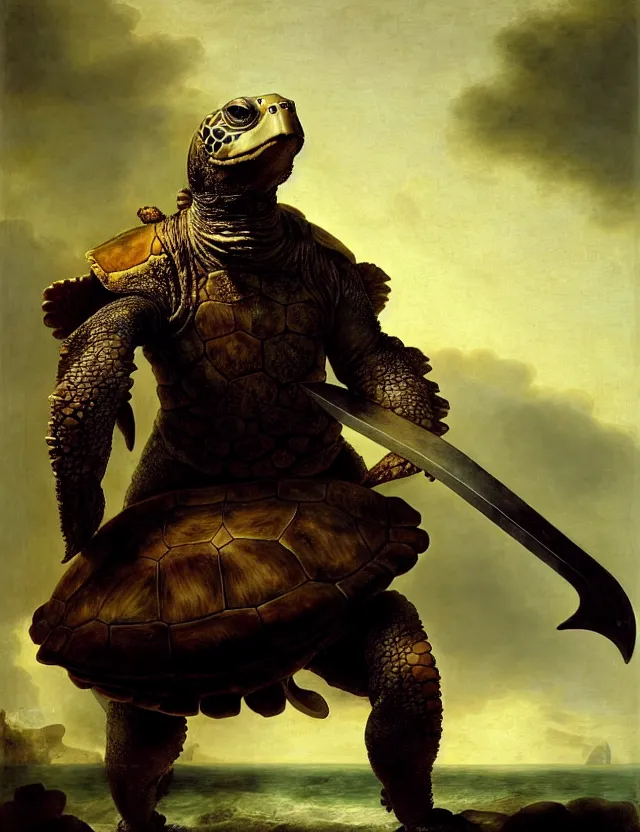 Prompt: anthropomorphic bipedal sea turtle that is wearing full iron plate armor, and holding a colossal sword in his hand, as a matte oil painting and d & d character art, by rembrandt, big turtle shell, standing, fullbody, lots of bubbles, sea foam, saltwater, ocean, award - winning, extremely detailed, sharp focus