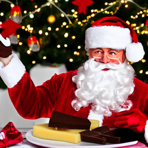 Prompt: Santa eating cheese with chocolate