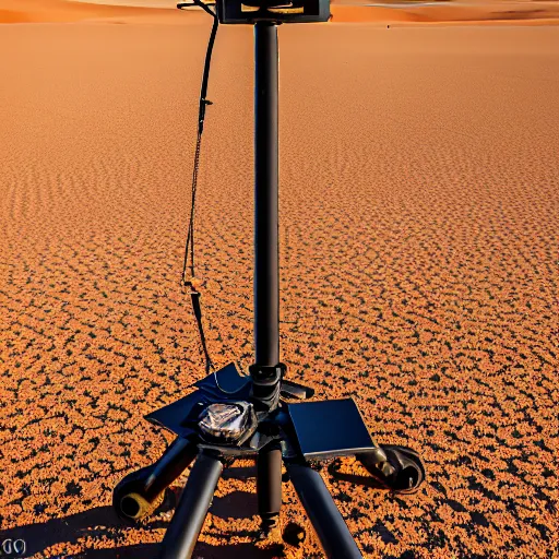 Image similar to peaceful mobile camoflaged rugged weather station sensor antenna on all terrain tank wheels, for monitoring the australian desert, XF IQ4, 150MP, 50mm, F1.4, ISO 200, 1/160s, dawn