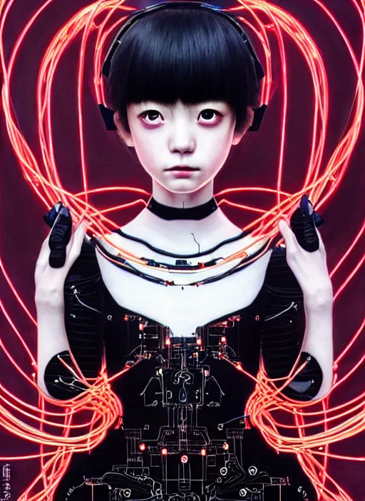 Image similar to kanna hashimoto as a absurdly beautiful cyborg, wearing a black dress, graceful, sophisticated, complex wiring and circuits, tarot card, highly detailed, digital painting, sharp focus, ultra realistic, 8 k, art by artgerm, kim jung gi, irakli nadar