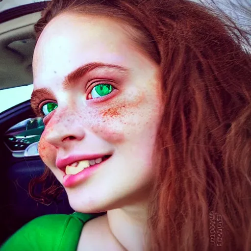 Prompt: ! beautiful hyperrealism hyperdetailed selfie of a cute young woman with vivid emerald green eyes, sitting in her car, long bronze brown hair, flushed face, red blush, light freckles, big puffy lips, smiling softly, soft features, 8 k, sharp focus, art by irakli nadar, instagram, portra 4 0 0