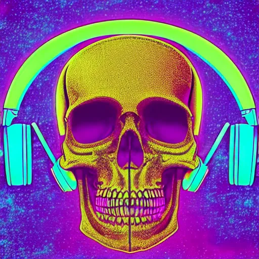 Image similar to human skull with headphones, retrowave, synthwave, psychedelic background with sacred geomerty elements in style of alex gray, digital art, artstation