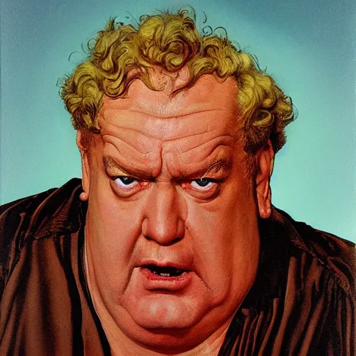 Prompt: head and shoulders portrait of actor Kenneth McMillan as baron harkonnen apoplectic with anger in dune 1982 movie, background dystopian scifi palace, painted by norman rockwell and tom lovell and frank schoonover