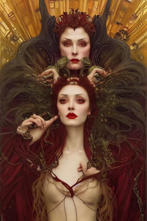 Image similar to masterpiece painting of beautiful vampire queen by donato giancola, remedios varo and tom bagshaw, face by artgerm and edmund leighton, alphonse mucha, background by james jean and gustav klimt, 8 k, horror, majestic, volumetric lighting, porcelain skin, french nouveau, trending on pixiv