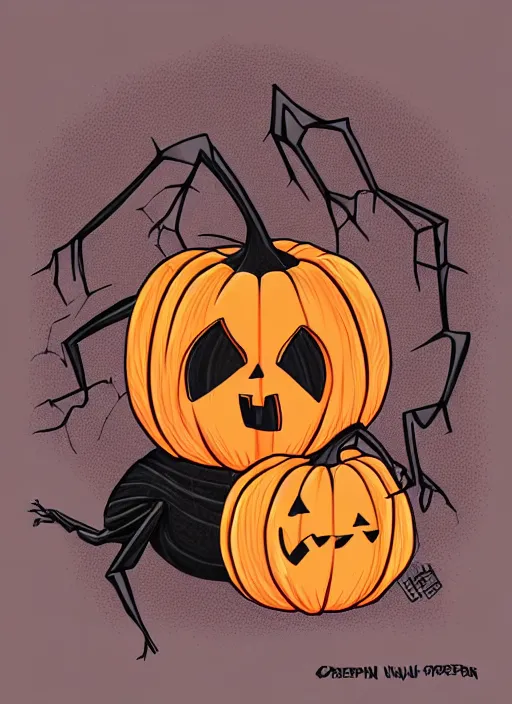 Prompt: an evil looking pumpkin head on a creppy black spider, spooky halloween theme, illustration line art style