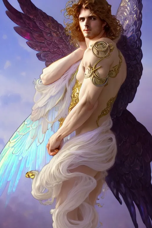 Image similar to full figure beautiful young fit male angel with curly blond hairs, dressed with fluent clothes, majestic wings, luminous halo, by greg rutkowski and alphonse mucha, d & d character, gradient white to gold, in front of an iridescent background, highly detailed portrait, digital painting, artstation, concept art, smooth, sharp focus illustration, artstation hq