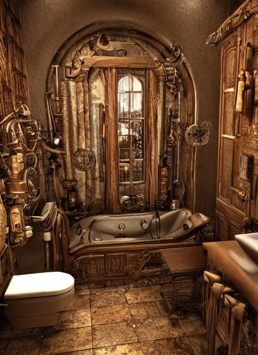 Image similar to picture of a steampunk bathroom intricate detailed 8k ultra realistic