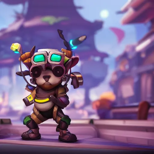 Prompt: teemo is the newest overwatch character, kings row in the background, octane render, blender render, unreal engine, standing pose, cinematic lighting, symmetrical, never underestimate the power of the scouts code