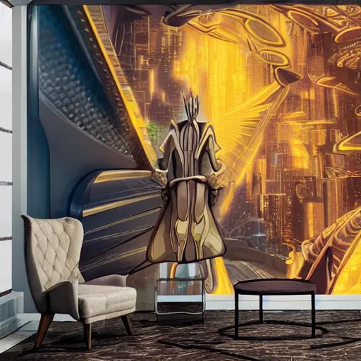 Prompt: golden bordered mural of a futuristic general grevious, hyper realistic, cyberpunk, nightcore, 4 k, highly detailed, beautifully rendered