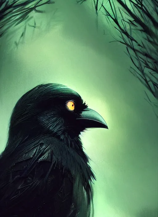 Image similar to side portrait dark crow (animal), close-up, fantasy forest landscape, moonshine, fantasy magic, nice black feather, proud, green dark light night, intricate, elegant, sharp focus, illustration, highly detailed, digital painting, concept art, matte, art by WLOP and Artgerm and Greg Rutkowski and Eddie Mendoza, masterpiece