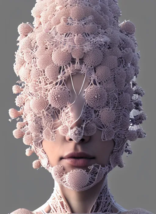 Prompt: complex 3 d render hyper detailed ultra sharp beautiful futuristic stunning biomechanical humanoid woman with porcelain ivory face, medium shot portrait, close - up, filigree lace, iris van herpen cyberpunk daisies corals haute couture headdress with rhizomorph finials spires, brackets, fractal embroidered puffballs, octane render, 8 k