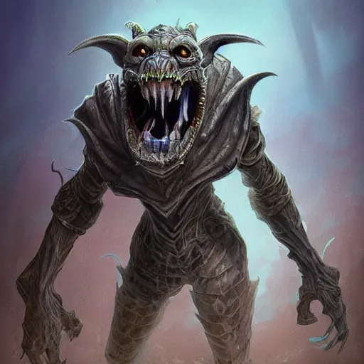 Image similar to a highly detailed goblin with grey skin and blue eyes that glow, in a dust storm, like magic the gathering, goblin chainwalker,, digital art, by christopher rush