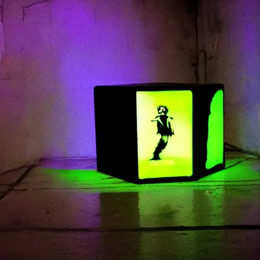 Image similar to banksy graffiti on magical black light prism cube, 1 9 9 9 aesthetic