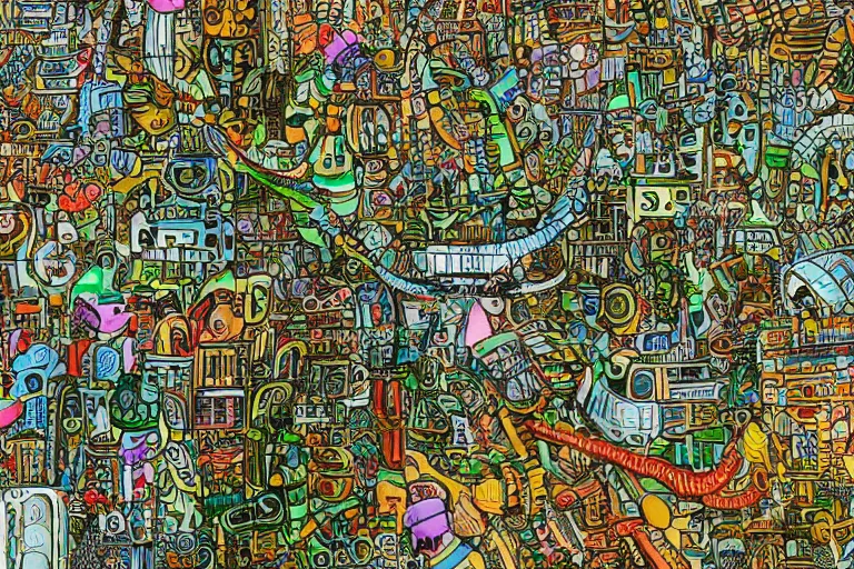 Image similar to an elaborate penned child illustration of a colorful intricate connected city of tubes and pipes, by jan van haasteren