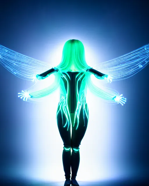 Prompt: six armed cybersuit goddess, dark bio-mechanical bio-luminescence, luminous capes, glowing drapes, fiberoptic hair, bokeh, flowing, floating, movement, connecting life, cinematic