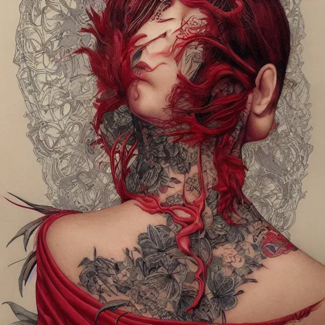 Image similar to ultra realistic illustration, beautiful woman dressed in red kimono, backview, tattoos, in the style of gerald brom by weta digital and beth cavener, high face symmetry, intricate, masterpiece, award winning, high face symmetry, intricate