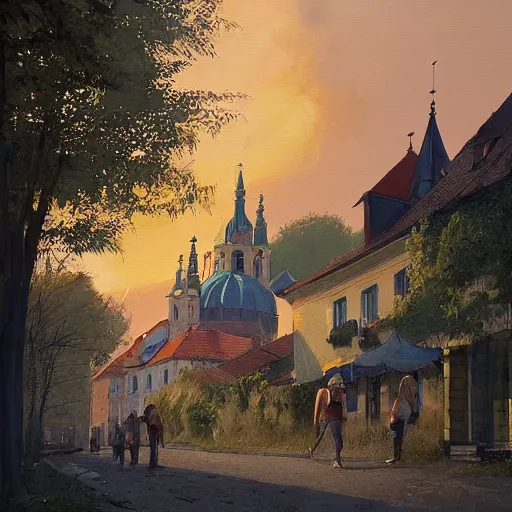 Prompt: a beautiful painting of banska stiavnica in summer with old houses and trees in sunset, sky, people walking on street, unreal engine, by greg rutkowski and james gurney, artstation