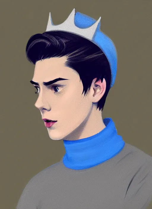 Image similar to portrait of teenage jughead jones wearing a light grey crown, crown, blue turtleneck, 1 9 5 0 s, closed eyes, photorealistic, black hair, glowing lighting, intricate, elegant, glowing lights, highly detailed, digital painting, artstation, concept art, smooth, sharp focus, illustration, art by wlop, mars ravelo and greg rutkowski