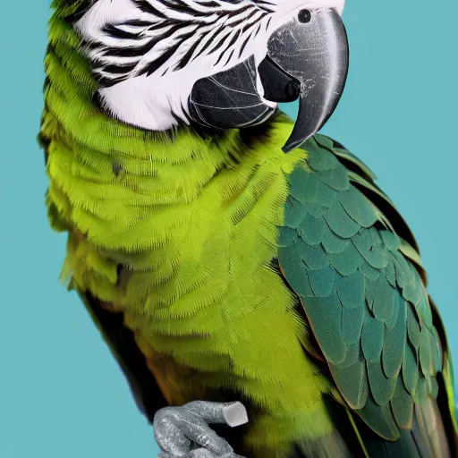 Prompt: a photo of a green parrot with a chain necklace around it's neck, the parrot is wearing the chain necklace around his neck, ultra high detail, 8 k.