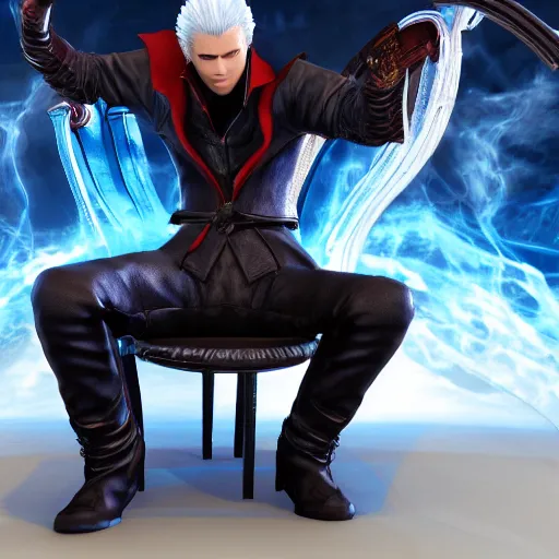 prompthunt: vergil from devil may cry sitting on a plastic chair