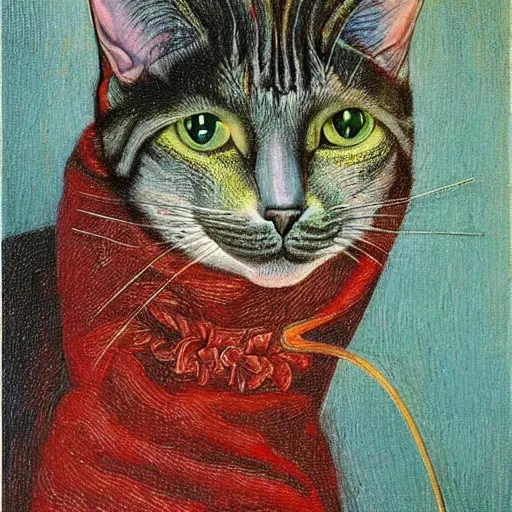 Image similar to very detailed and attractive portrait of a schizophrenic cat, painted by max ernst