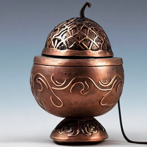 Prompt: A metal incense burner made of copper in the shape of a gourd. With delicate Japanese decorative carvings