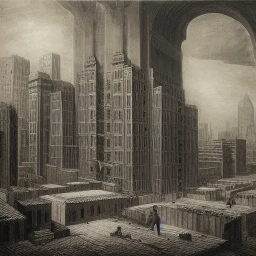 Prompt: new york city being rebuilt as mesopotamian architecture. huge building, dark, atmospheric, stormy weather, gustave dore, italy 1 8 1 6