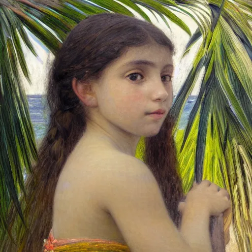 Image similar to a ultradetailed beautiful painting of a girl in the amazonas palace balustrade designed by jules bastien - lepage, tarsila do amaral, frank weston and gustave baumann, beach, trending on artstation, mediterranean, palm trees, hyper detailed face, sharp focus, soft light, 8 k 4 k