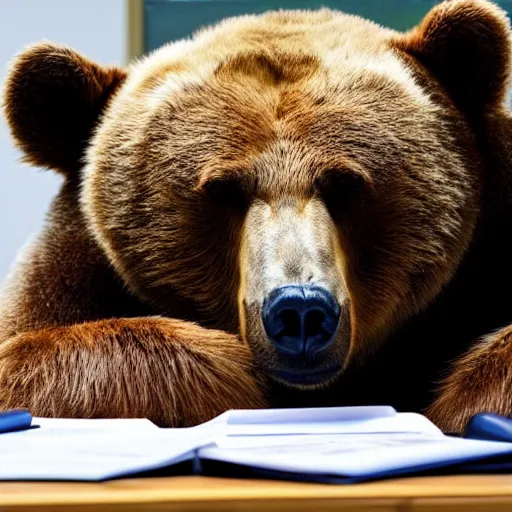 Image similar to bored bear at office, head leaning on paw with elbow on table, piles of paperwork