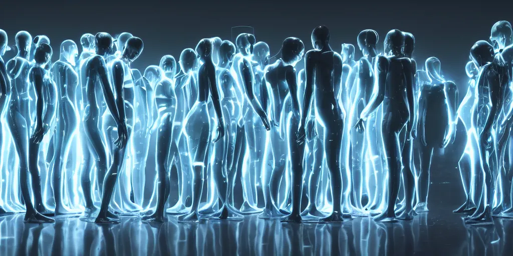 Image similar to groups of androids with glowing electronic bodies, from behind, rebirth, beauty, wide angle, elaborate, wet, highly detailed, colors, beautiful lighting