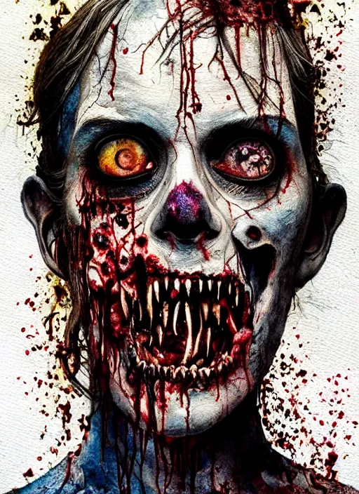 Prompt: zombie hollywood artwork professional acting headshot, hyperrealism, intricate detail, studio lighting, charming expression gesicht, hauntingly beautiful zombie, watercolor art, epic, legendary, drawn and painted, colored layers, dulled contrast, exquisite fine art, splatterpaint