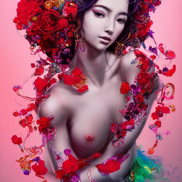 Image similar to studio portrait absurdly beautiful, elegant, graceful, young hypercolorful sensual gravure idol rubies red petals gems, ultrafine hyperrealistic detailed face illustration by kim jung gi, irakli nadar, intricate linework, sharp focus, bright colors, matte, octopath traveler, final fantasy, unreal engine highly rendered, global illumination, radiant light, intricate rainbow environment