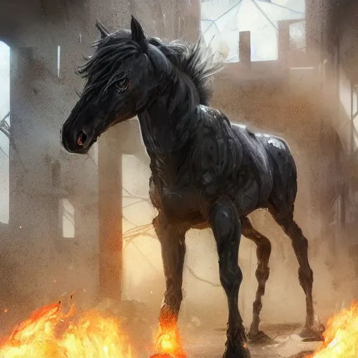 Prompt: splash art of an dark - coated anthro horse with titanic bloated muscles wearing a tight kevlar battle outfit standing in the ruins of a facility, equine, highly detailed, digital painting, artstation, sharp focus, game art, concept art, illustration, art by artgerm, greg rutkowski, wlop