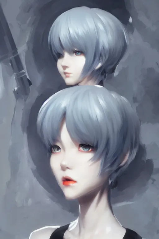 Image similar to a perfect, amazing, beautiful CG digital concept art of Rei Ayanami with black hair. By Ruan Jia and Fenghua Zhong, trending on ArtStation