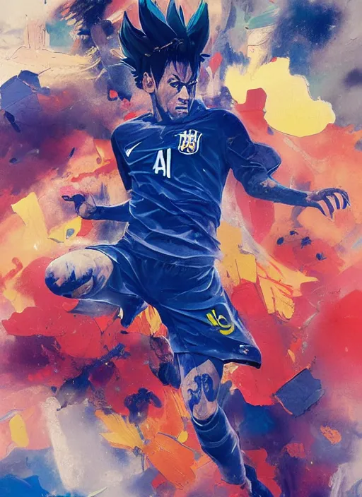 Image similar to semi reallistic gouache gesture painting, by yoshitaka amano, by ruan jia, by Conrad roset, by dofus online artists, detailed 3d render of neymar as sayajin, Neymar soccer player transformed on Super Saiyan, Neymar jr, portrait, cgsociety, artstation, rococo mechanical, Digital reality, sf5 ink style, dieselpunk atmosphere, gesture drawn