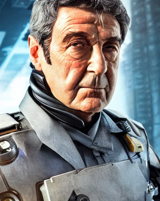 Image similar to detailed portrait of lieutenant columbo as a cyborg, advanced technology, city, sunny day, scifi, atmosphere, professional, 8 k high definition, insanely detailed, intricate